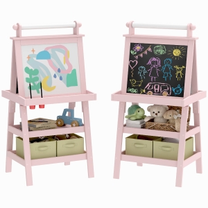 AIYAPLAY Șevalet pentru Copii 3 în 1 cu Tablă, Sul de Hârtie și 2 Containere, din Lemn, 59x48x118 cm, Roz