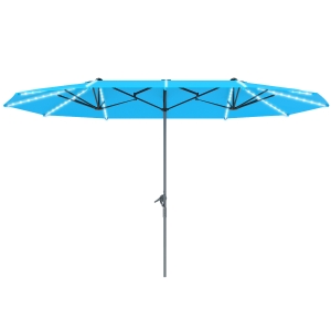 Outsunny Doppelschirm mit Solar-Lichtern, Aluminium, Polyester, UPF50+ Schutz, UV-beständig, Terrassenschirm, Blau