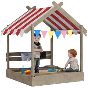 Outsunny Sabbiera con Tettuccio, Design a Forma di Casa con Set di Giochi, in Legno Massello Trattato, 124 x 116 x 146 cm, Grigio