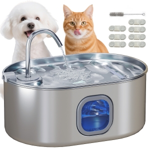 PawHut Fontanella per Gatto da 7L con Luce LED e Spazzola, in Acciaio Inox 304, 32x22.1x22.3 cm, Argento