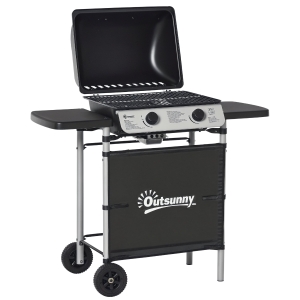 Outsunny 2 Burner Gas BBQ Trolley with Lid, 5.6 kW Gas Barbecue Grill with Wheels, Side Shelves for Home Patio Garden Party Outdoor Cooking, Black