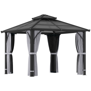 Outsunny 3 x 3(m) Hardtop Gazebo Canopy with 7mm Polycarbonate Double-Tier Roof, Garden Gazebo Permanent Pavilion with Mosquito Netting and Curtains for Patio, Terrace, Dark Grey