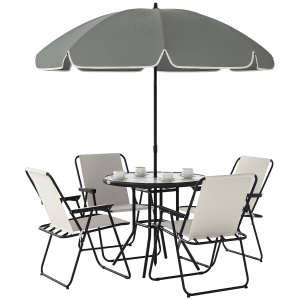 Outsunny Set da Giardino 6 Pezzi in Acciaio con 4 Sedie Pieghevoli, Ombrellone e Tavolo Rotondo, Crema, Grigio e Nero