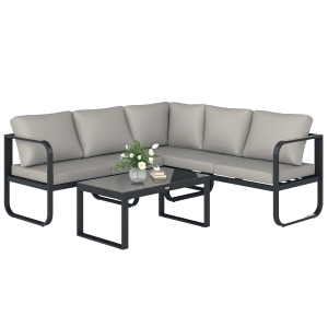Outsunny Set Mobilier de Grădină cu Canapea cu 3 Locuri, Canapea cu 2 Locuri și Măsuță de Cafea, 180x60x64 cm, Gri