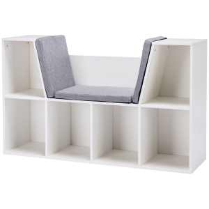 HOMCOM Regał 2 w 1 dla dzieci + Ławka z poduszkami 103 cm × 30 cm × 62 cm Biały + Szary
