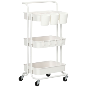 HOMCOM Carrito Auxiliar con Ruedas Carro de Almacenaje Multifuncional con Ganchos y Cajas Colgantes 42x38x86,5 cm Blanco