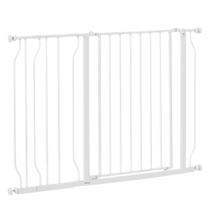 PawHut Barrera de Seguridad para Perros Extensible 75-115 cm para Puertas y Escaleras Puerta de Seguridad Apertura en Dos Sentidos y Solo una Mano Extensiones Montaje a Presión y Doble Bloqueo Blanco