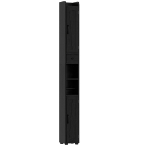 HOMCOM Columna de Baño con 2 Puertas Compartimento Abierto Estantes Ajustables y Portarrollos 20x20x185 cm Negro