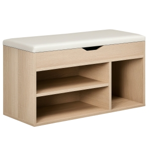 HOMCOM Bancă pentru Pantofi cu 3 Compartimente, Spațiu Ascuns și Șezut din Piele PU, 80x30x43 cm, Lemn Natural