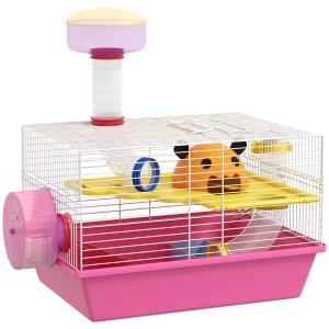 PawHut Jaula para Hámster con Cuenco Bebedero Rueda de Ejercicio Torre de Observación y Casita 34x27x25 cm Rosa