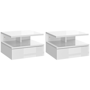 HOMCOM Set de 2 Noptiere Moderne Suspendate cu Sertar și Raft din Lemn 35x32x22,5cm, Alb Lucios