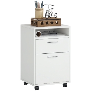 HOMCOM Rollcontainer, Aktenschrank, Bürocontainer mit Schublade, Büroschrank, Aufbewahrung Container, Spanplatte, Weiß, 40 x 35 x 60 cm