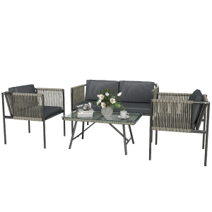 Outsunny Set Mobilier de Grădină din Ratan cu 2 Fotolii, Canapea cu 2 Locuri și Măsuță de Cafea din Sticlă, Gri