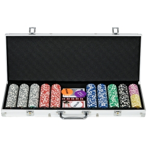 SPORTNOW Set de Poker pentru 9-10 Jucători cu 500 Fise de Joc, 2 Seturi de Cărți și 5 Zaruri, Argintiu