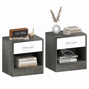 HOMCOM Set 2 Comodini Moderni con Ripiano Aperto e Cassetto, in Legno, 39x28x41 cm, Bianco e Grigio Scuro