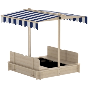 Outsunny Kids Wooden Sand Pit with Lids Children Sandbox Height Adjustable Canopy for Garden, Convertible Bench Seat Outdoor Backyard Playset, Blue and White Canopy