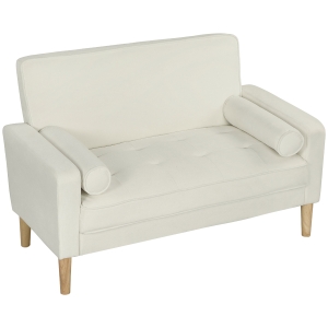 HOMCOM Sofa 2-osobowa, podwójna sofa z nogami z kauczukowego drewna, tapicerowana sofa do salonu, sypialni, kremowobiała