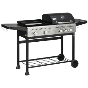 Outsunny 12kW Deluxe Duo Gas BBQ, with Grill, Plancha and Side Burner - Black