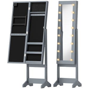 HOMCOM Freestanding Mirror Jewelry Cabinet with LED Lights, Jewellery Organiser with 3 Angle Adjustable, Full-Length Mirror with Storage for Earrings, Necklaces, Rings and Lipsticks, Grey