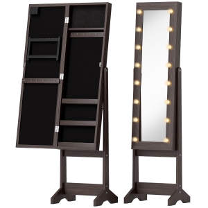 HOMCOM Freestanding Mirror Jewelry Cabinet with LED Lights, Jewellery Organiser with 3 Angle Adjustable, Full-Length Mirror with Storage for Earrings, Necklaces, Rings and Lipsticks, Dark Brown