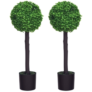 HOMCOM Lot de 2 plantes boules de buis artificiel avec tronc et pot inclus - hauteur 60 cm