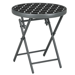 Outsunny Φ45cm Garden Side Table, Outdoor Round Folding Patio Table with Imitation Marble Glass Top, Small Coffee Table, Black and White