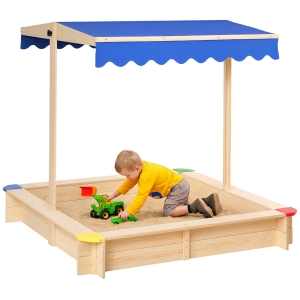 Outsunny Sandkasten mit Dach Sandkiste Kindersandkasten Tannenholz Bodenloses Design felix mit absenkbarem und schwenkbarem Dach Kurbeldach 120 x 120 x 120 cm Natur