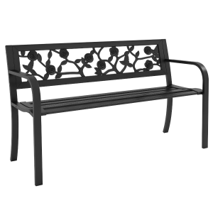 Outsunny Panchina da Giardino 2 Posti in Acciaio con Schienale Decorato e Braccioli, 127x50x75cm, Nero