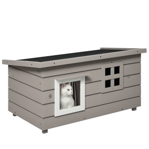 PawHut Katzenhaus Katzenhütte mit Asphaltdach Katzenhöhle Kleintierhaus mit Fenster für Katzen Hunde Outdoor Winterfest Tannenholz Grau Schwarz 87 x 52 x 44 cm