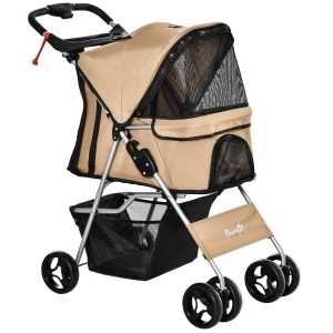PawHut Faltbarer Hundewagen für kleine und Miniaturhunde mit Korb und Getränkehalter, 75x46x94 cm, Braun