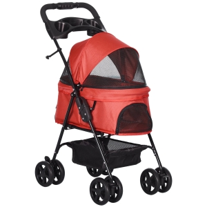 PawHut Dog Pram Dog Stroller Foldable Pet Pushchair with 4 Wheels, Safety Leashes, Cup Holder for Small Dogs, Red