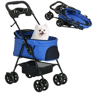 PawHut Carrito para Perros Pequeños con Ruedas Universales Cesta de Almacenaje Correas de Seguridad y Ventanas 67x45x96 cm Azul