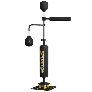 SPORTNOW Stojący worek bokserski, dwa speedballe, obrotowy trzon, podkładka do kopania, regulowana wysokość, stal, 84 x 36 x 140-205 cm, Czarny