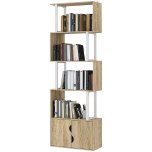 HOMCOM Bibliothèque à 5 niveaux, meuble de rangement avec étagères et placard double porte, 60 x 23,8 x 179,2 cm, bois naturel
