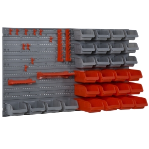 DURHAND Estantería de Pared para Herramientas de 44 Piezas 95x54 cm con 28 Cajas Apilables y Diferentes Ganchos Gris y Rojo