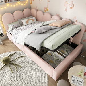 3FT Upholstered Daybed with Hydraulic Storage, Metal Slatted Frame, Single Ottoman Bed with Velvet Finish, 200L x 97W x 76H cm, Pink