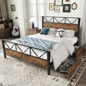 Metal Double Bed with 2 Drawers, Sturdy Iron Frame and MDF, Storage Bed for Adults and Teenagers, 198L x 137W x 116H cm, Black