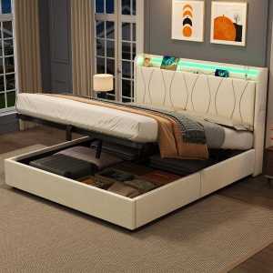 Double Upholstered Bed with LED Headboard, USB and Type-C Ports, Hydraulic Storage Bed with Charging Station, 207L x 136W x 105H cm, Beige