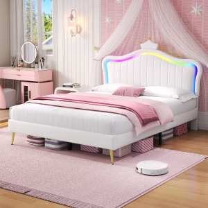 Double Upholstered Bed with Adjustable Crown Headboard, LED Bed Frame with Metal-Wood Support, 194L x 147W x 129H cm, Cream White