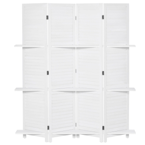 HOMCOM Biombo Separador de Madera de 4 Paneles Divisor de Habitaciones Plegable con 3 Estantes Extraíbles Diseño Persiana para Dormitorio Oficina 160x170 cm Blanco