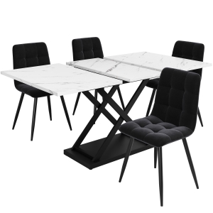 Extendable Dining Table Set with 4 Velvet Chairs, White+Black