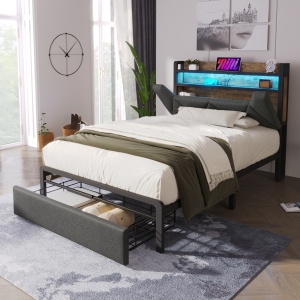 Upholstered Single Bed with LED Lighting, USB Type-C Charging, Storage Headboard and Drawers, 3ft Single Bed, 208L x 92W x 110H cm, Grey