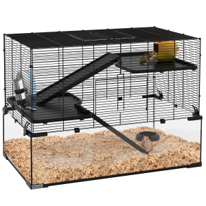 PawHut 3 Tiers Hamster Cage, Gerbil Cage with Deep Glass Bottom, Non-Slip Ramps, Platforms, Hut, Exercise Wheels, Water Bottle, Dish, for Syrian Hamster, Dwarf Hamster, 78.5 x 48.5 x 54.5cm