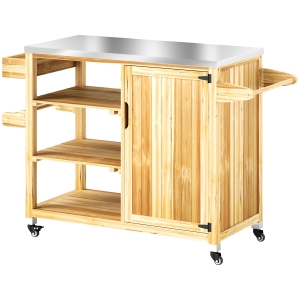Outsunny Carrito de Parrilla de Madera con 4 Ruedas Estantes Armario y Encimera de Acero Inoxidable 134,5x50x91,5 cm Natural