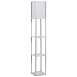 HOMCOM Lámpara de Pie con Estantes de Almacenaje, Lámpara de Madera Moderna, Bombilla E27, para Salón, Dormitorio, Oficina, Blanco