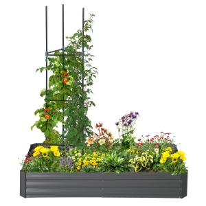Outsunny Canteiro de Jardim Floreira Retangular em Metal com Tutores para Tomates e Plantas Trepadeiras 180x90x29,5 cm
