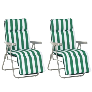 Outsunny Lot de 2 chaises longues bain de soleil, ajustable pliable transat lit de jardin en acier vert + blanc