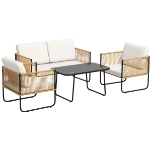 Outsunny Sala de Jardim 4 Peças com Sofá de 2 Lugares 2 Cadeirões 1 Mesa de Centro em Vidro e Almofadas Creme Branco