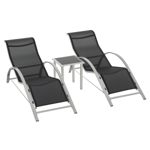 Outsunny Lot de 2 bains de soleil design contemporain table basse plateau verre trempé métal époxy textilène gris foncé