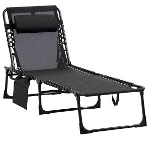 Outsunny Chaise longue pliable bain de soleil transat de relaxation dossier inclinable 5 niveaux têtière amovible pochette latérale intégrée revêtement textilène acier dim. 189 x 58 x 30 cm noir